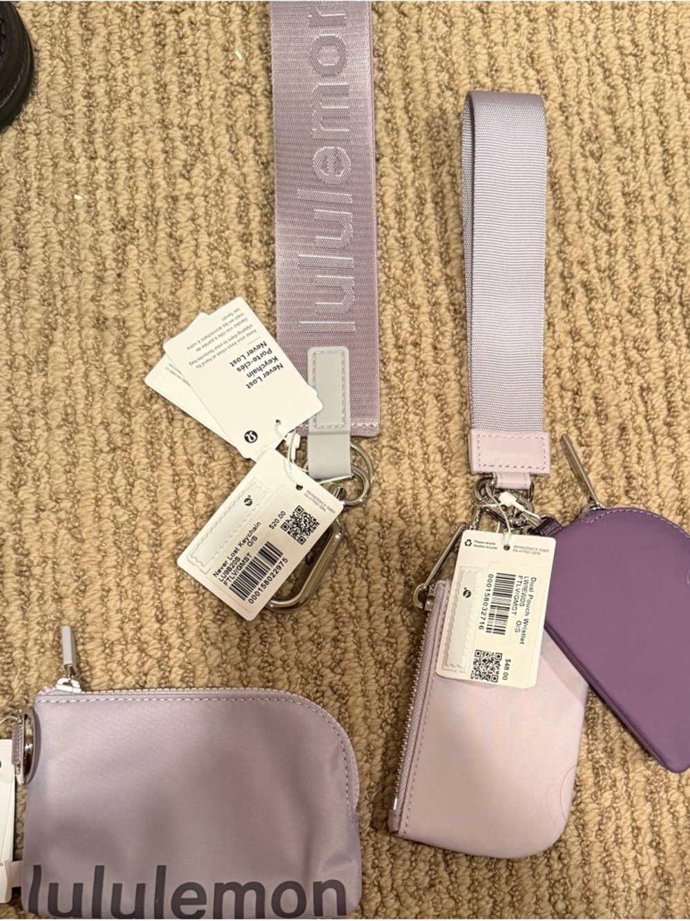 NWT lululemon Set Lot Lavender Dual Pouch Wristlet Never Lost Keychain Pouch